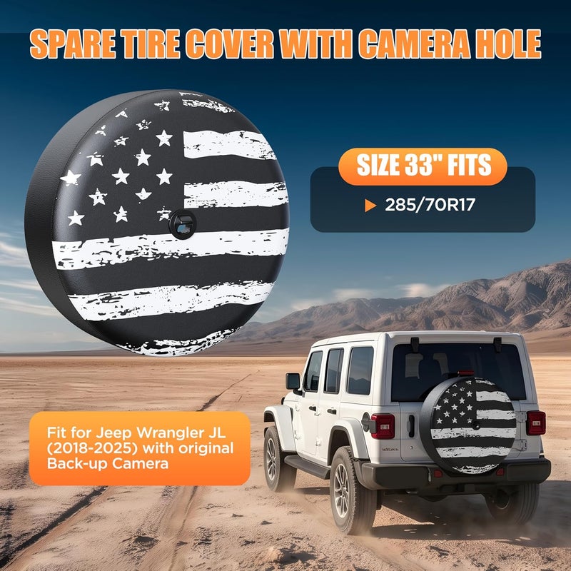 MOONET Tire Cover with Camera Hole, for Jeep Wrangler JL with Back-up Camera, Sport & Sahara (2018-2024) White Flag, Fits 285/70R17 - Image 2