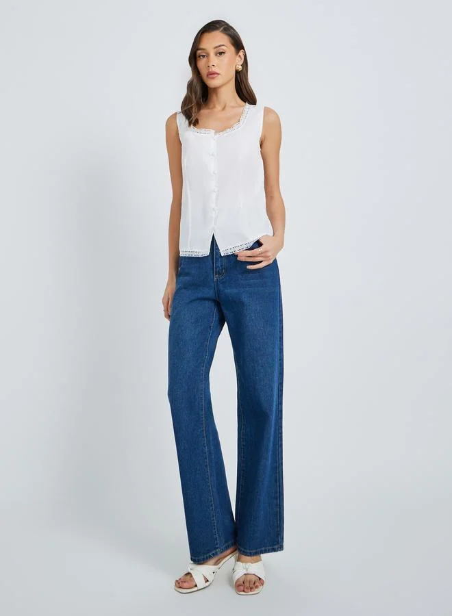 ستايلي Styli Lace Trim Square Neck Buttoned Top