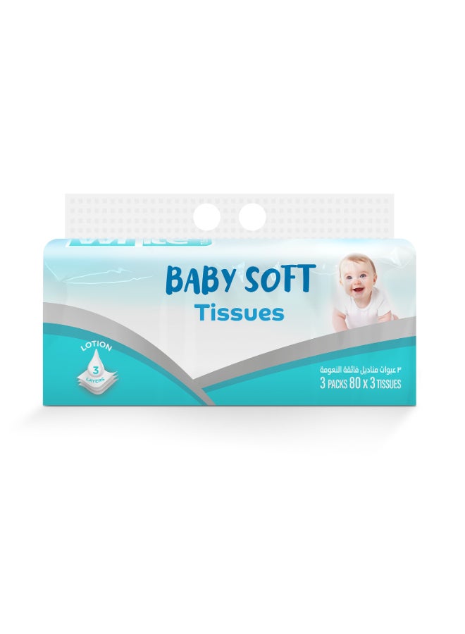 White Facial Tissues Baby Soft 80 Pulls x 3 ply 3in1 - Image 1