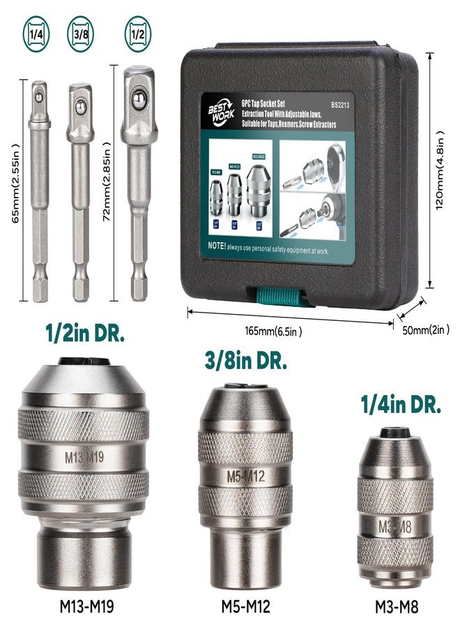 Bestwork Adjustable Tap Sockets, 6pcs Tap Holder Tool, 1/4", 3/8", 1/2" Tap Socket Adapter for M3-M19 Taps, Drills, Reamers, Screws - Image 4