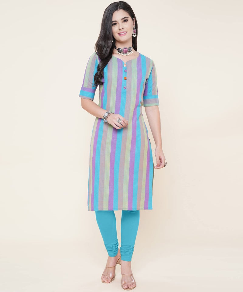 ANUSHIL Multi-Stripped Kurti for Women - Cotton Weaved Fabric Sweetheart Neck Style Kurta for Girl's (Color:-Blue, Size:-XL) - Image 5