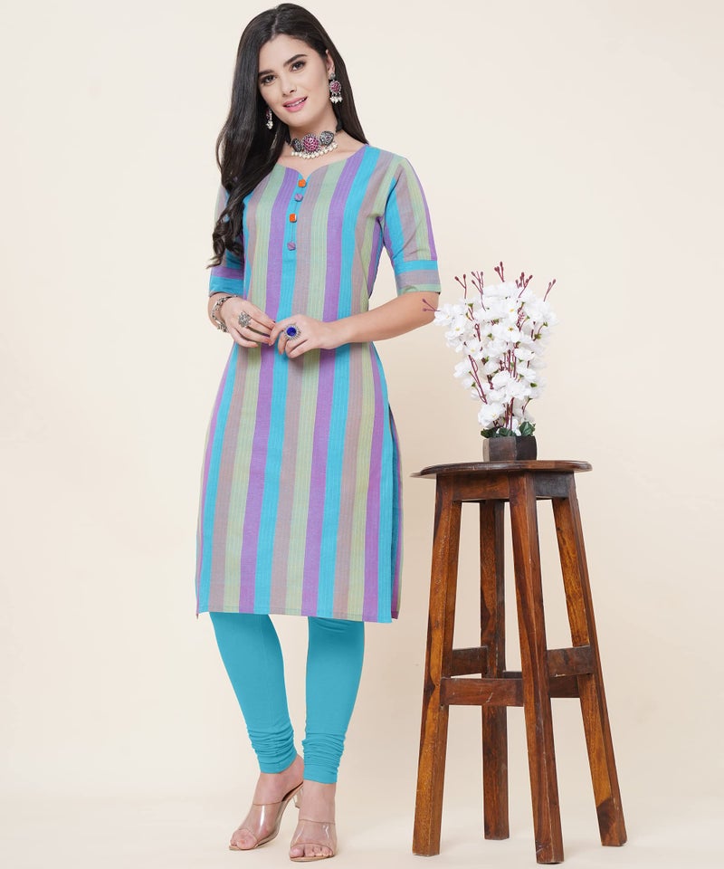 ANUSHIL Multi-Stripped Kurti for Women - Cotton Weaved Fabric Sweetheart Neck Style Kurta for Girl's (Color:-Blue, Size:-XL) - Image 2