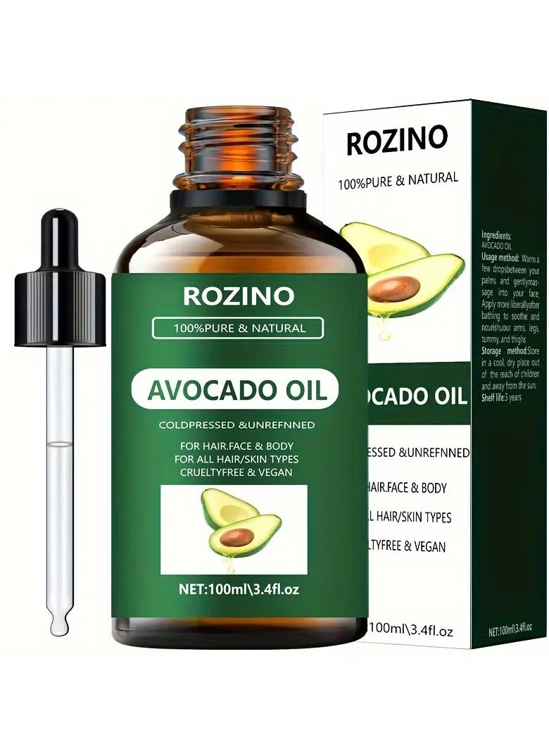 روزينو 100 مل زيت أفوكادو الأساسي-النباتية النقية، غير المسببة للحساسية لجميع أنواع البشرة-مثالية للتدليك والدش والعناية بالوجه والجسم وتعزيز الأظافر والشعر والعناية بالرموش - Image 1