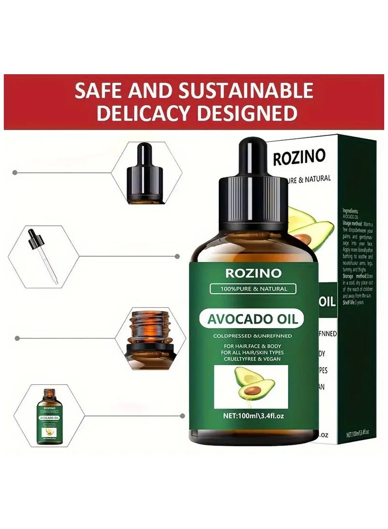 روزينو 100 مل زيت أفوكادو الأساسي-النباتية النقية، غير المسببة للحساسية لجميع أنواع البشرة-مثالية للتدليك والدش والعناية بالوجه والجسم وتعزيز الأظافر والشعر والعناية بالرموش - Image 2