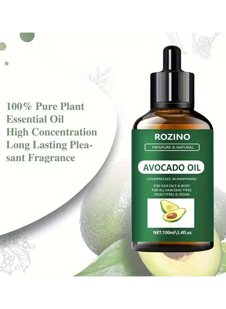 روزينو 100 مل زيت أفوكادو الأساسي-النباتية النقية، غير المسببة للحساسية لجميع أنواع البشرة-مثالية للتدليك والدش والعناية بالوجه والجسم وتعزيز الأظافر والشعر والعناية بالرموش - Image 3