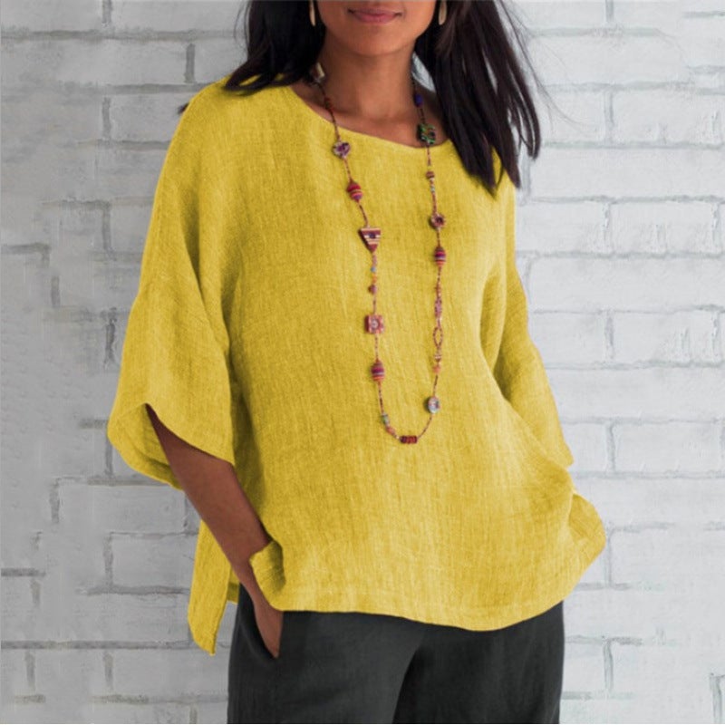 Women's 3/4 Sleeve Round Neck Linen Cotton Blouse - Image 1