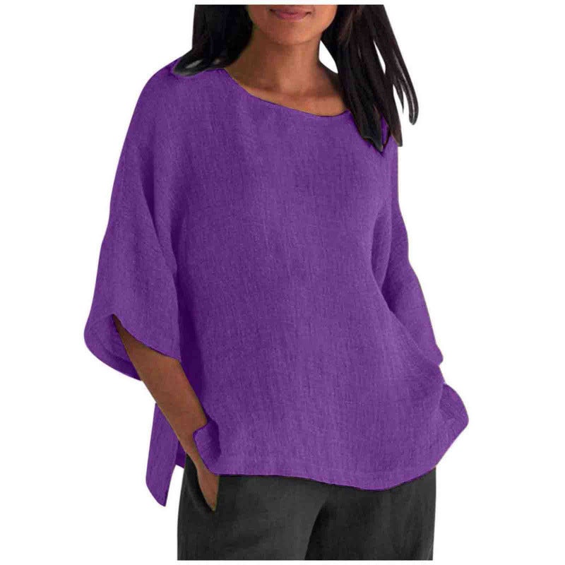 Women's 3/4 Sleeve Round Neck Linen Cotton Blouse - Image 2