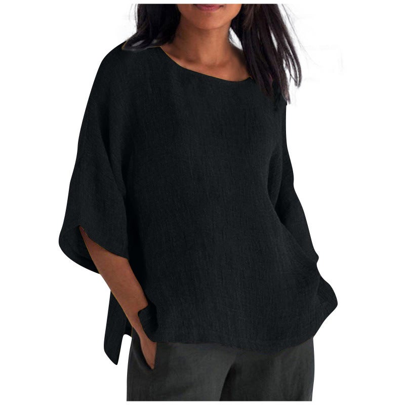Women's 3/4 Sleeve Round Neck Linen Cotton Blouse - Image 3