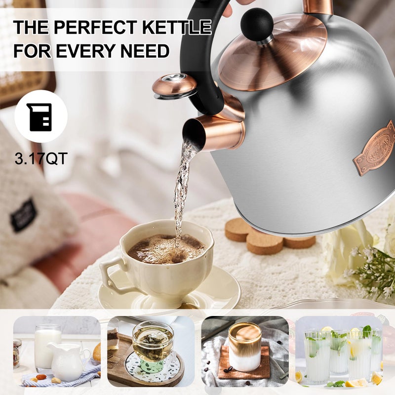 SUSTEAS Tea Kettle - 3.17QT Whistling Kettle with Ergonomic Handle - Premium Stainless Steel Tea Pots for Stove Top, Chic Vintage Teapot with Composite Base, Work for All Stovetops (Silver) - Image 3