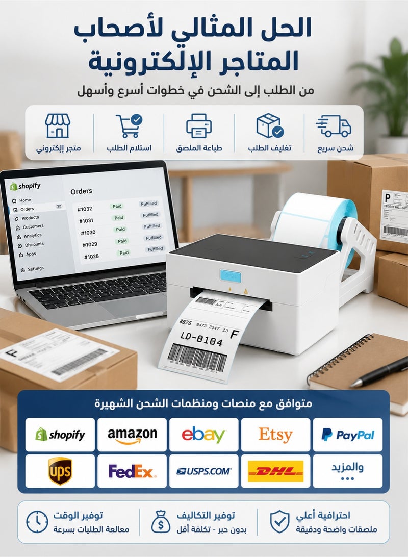 اوليو طابعة ملصقات حرارية لاسلكية 4x6، طابعة شحن عالية السرعة 160 مم/ث، بلوتوث وUSB لطباعة الباركود لأمازون وشوبيفاي وUPS وFedEx - Image 4