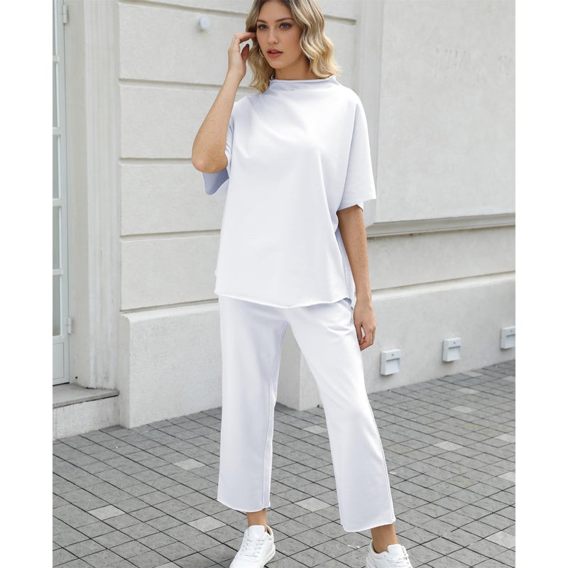 SeeLuNa Women's Two Piece Outfits 3/4 Batwing Sleeve Capelet Crew Neck Pullover Top Wide Leg Pants Lounge Set(White,M) - Image 5