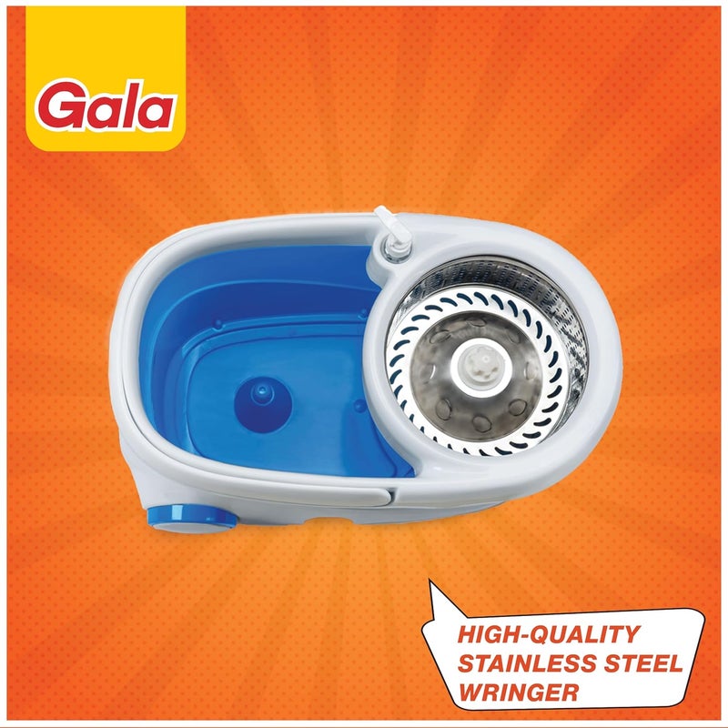 Gala Jet Spin Mop Steel Winger Big Wheels 2 Microfiber Refills Floor Cleaning Mop Stick with Bucket pocha for Floor Cleaning Mopping Set White and Blue - Image 2