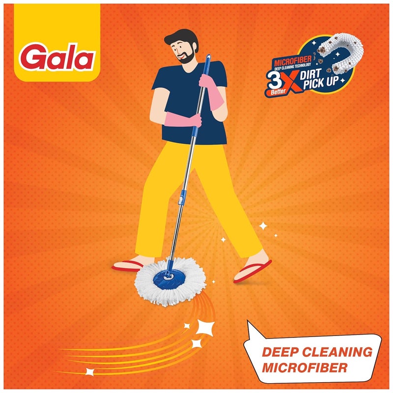 Gala Jet Spin Mop Steel Winger Big Wheels 2 Microfiber Refills Floor Cleaning Mop Stick with Bucket pocha for Floor Cleaning Mopping Set White and Blue - Image 4