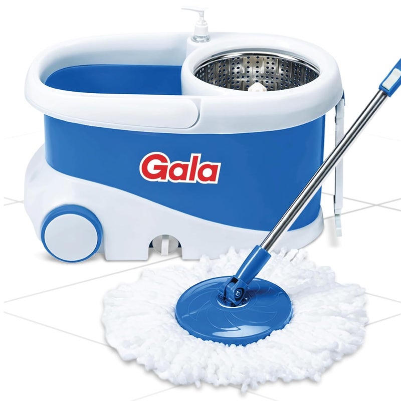 Gala Jet Spin Mop Steel Winger Big Wheels 2 Microfiber Refills Floor Cleaning Mop Stick with Bucket pocha for Floor Cleaning Mopping Set White and Blue - Image 1