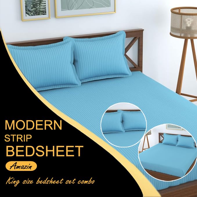 FRESH FROM LOOM Microfiber Wrinkle Resistant | Soft Skin Safe | Breathable Queen Size Flat Striped Bedsheets | Hotel & Home | Double Bedsheet Set with 2 Pillow Covers (95x90 Inches Aqua), 144 TC - Image 2