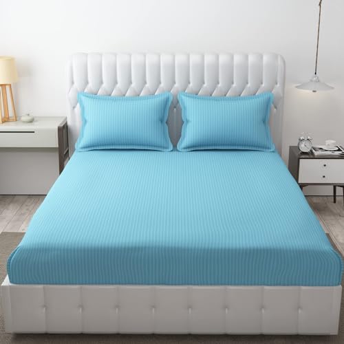 FRESH FROM LOOM Microfiber Wrinkle Resistant | Soft Skin Safe | Breathable Queen Size Flat Striped Bedsheets | Hotel & Home | Double Bedsheet Set with 2 Pillow Covers (95x90 Inches Aqua), 144 TC - Image 1