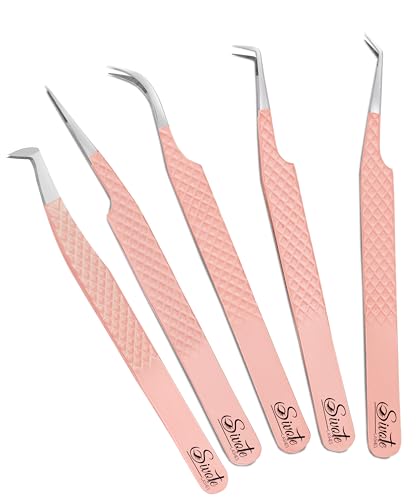SIVOTE Lash Tweezers for Eyelash Extensions Pack of 5 Peach Lash Extension Tweezers Set with Diamond Grip Precision Fiber Tip for Volume Eyelash Extensions - Image 1