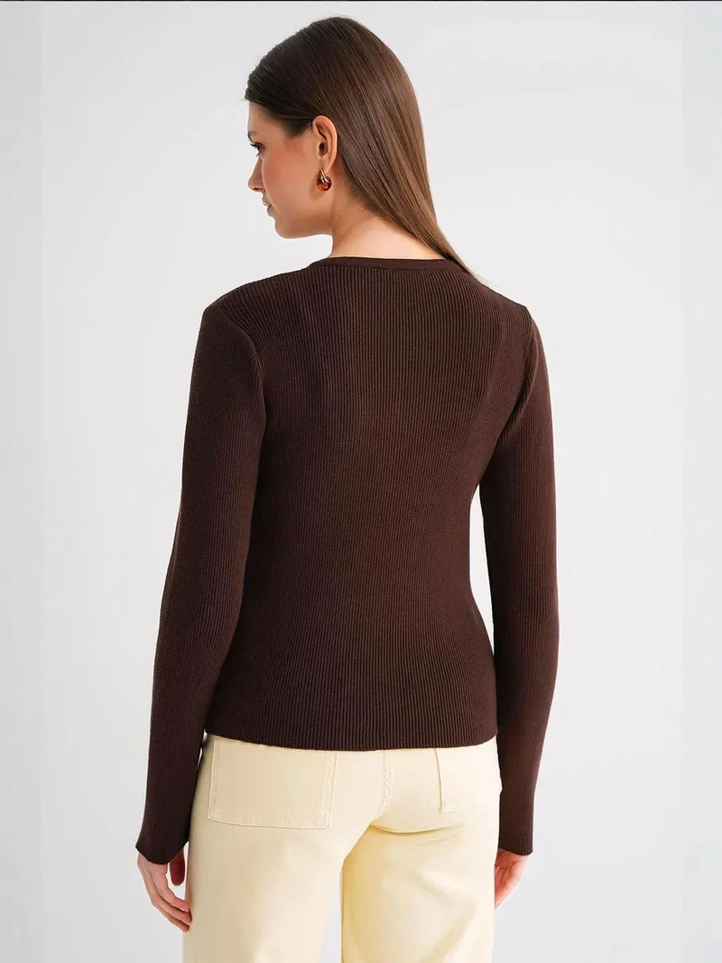 MixRay Coffee Brown Mixray Buttoned Slim Fit Ribbed Knit Cardigan for Women | Best Price UAE