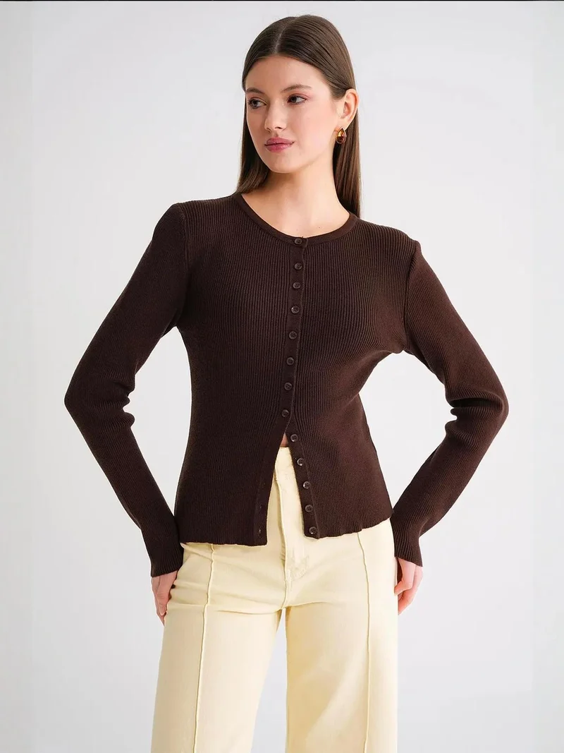 MixRay Coffee Brown Mixray Buttoned Slim Fit Ribbed Knit Cardigan for Women | Best Price UAE