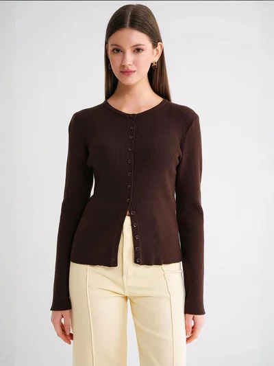 MixRay Mixray Buttoned Slim Fit Ribbed Knit Cardigan