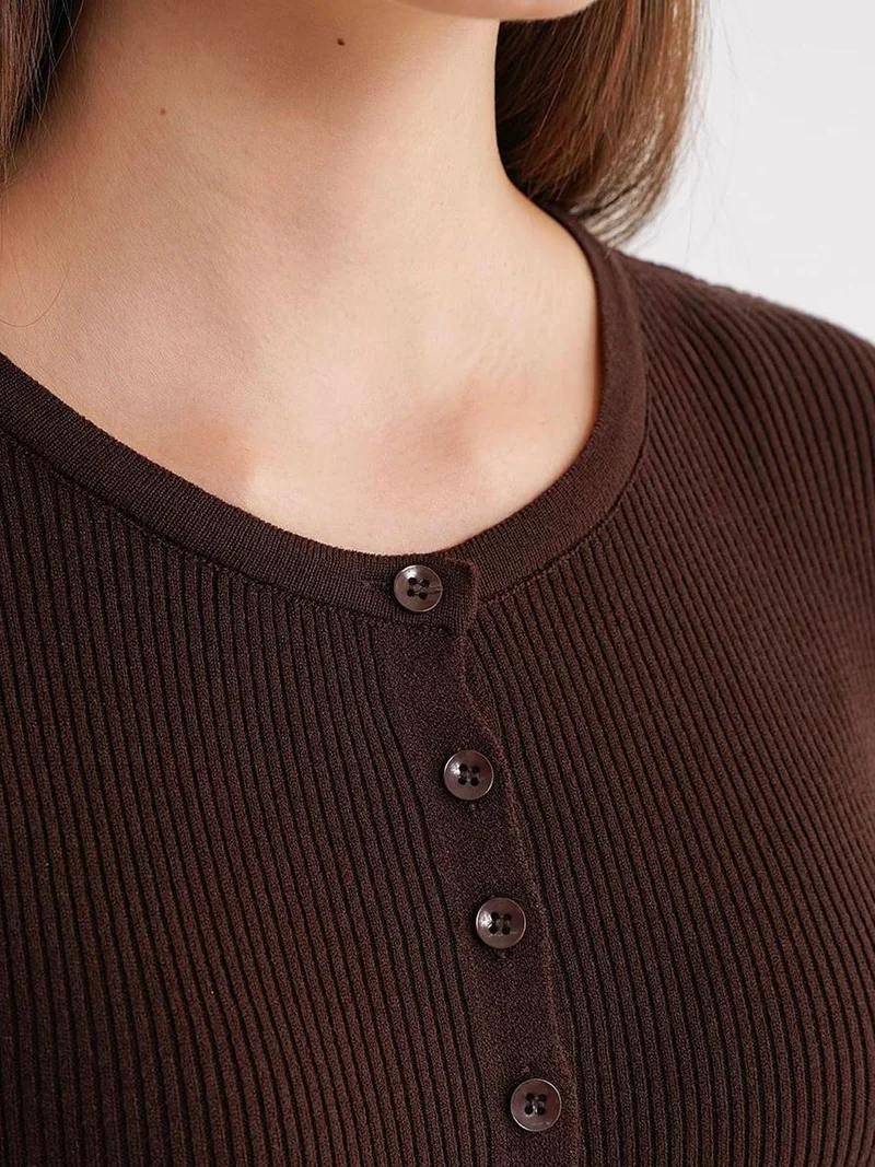 MixRay Coffee Brown Mixray Buttoned Slim Fit Ribbed Knit Cardigan for Women | Best Price UAE