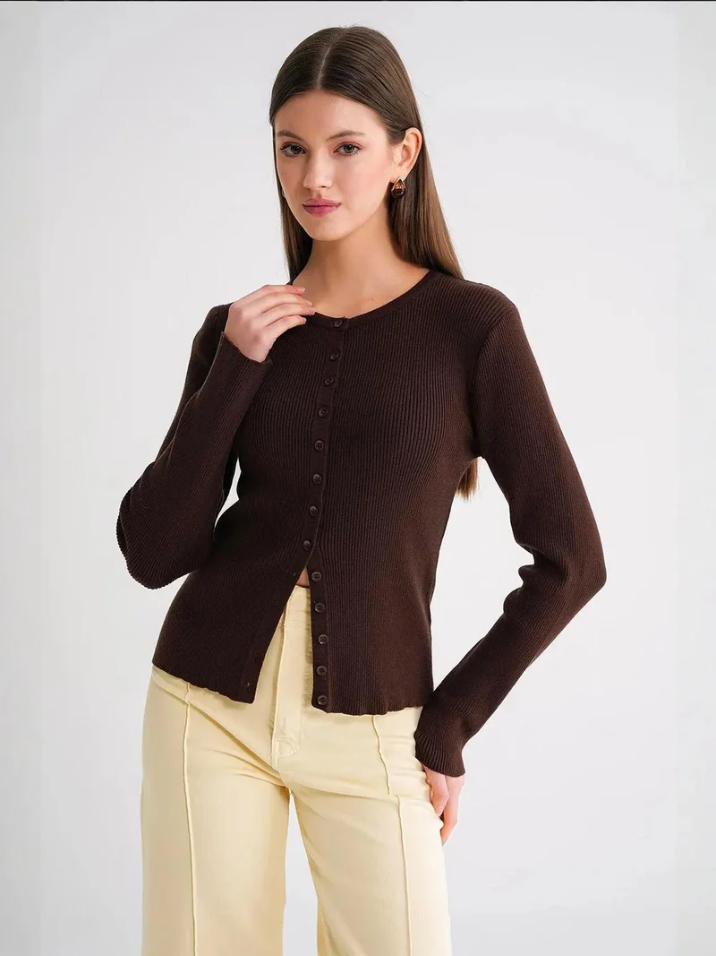 MixRay Coffee Brown Mixray Buttoned Slim Fit Ribbed Knit Cardigan for Women | Best Price UAE