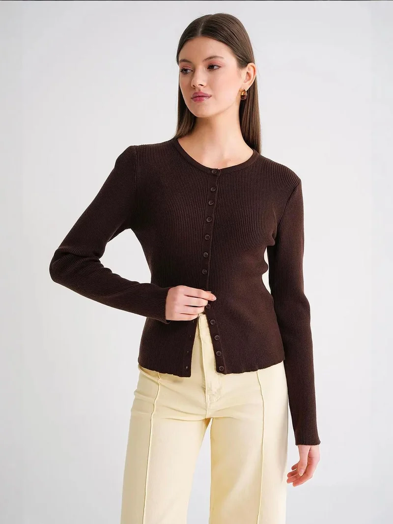 MixRay Coffee Brown Mixray Buttoned Slim Fit Ribbed Knit Cardigan for Women | Best Price UAE