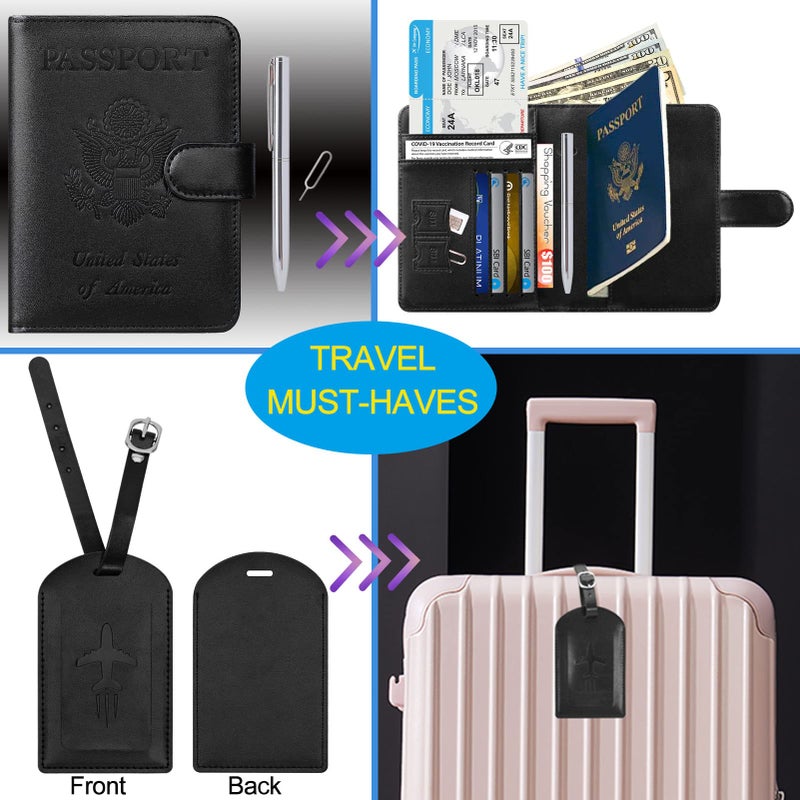 PASCACOO Passport Holder With Luggage Tag Cover Wallet RFID Blocking Leather Case Travel Essentials Accessories Travel Must Have(114#Black)  - Image 2