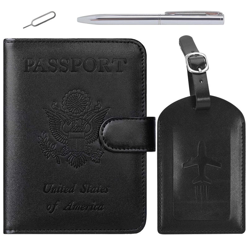 PASCACOO Passport Holder With Luggage Tag Cover Wallet RFID Blocking Leather Case Travel Essentials Accessories Travel Must Have(114#Black)  - Image 1