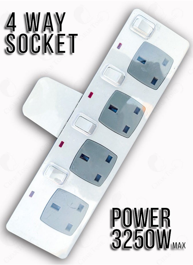 AL MAS 3250W Heavy-Duty Extension Socket | Multi Plug 4 Way Electrical Outlet Extender | Surge Protection | 13A/250V, Flame Retardant Material | Individual Neon Switches | Durable Power Strip for Multiple Devices | White Color 