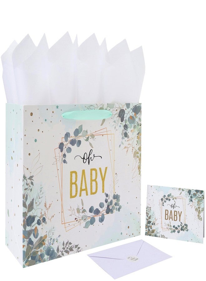 Qirrmiy 13'' Large Gift Bag Set with Handles, Greeting Card, Tissue Papers and Stickers for Baby Boy Girl Kids Teens for Baby Shower, Birthday Party, Children's Day, Gold Glitter 'Baby' Design, 1 Pcs - Image 1