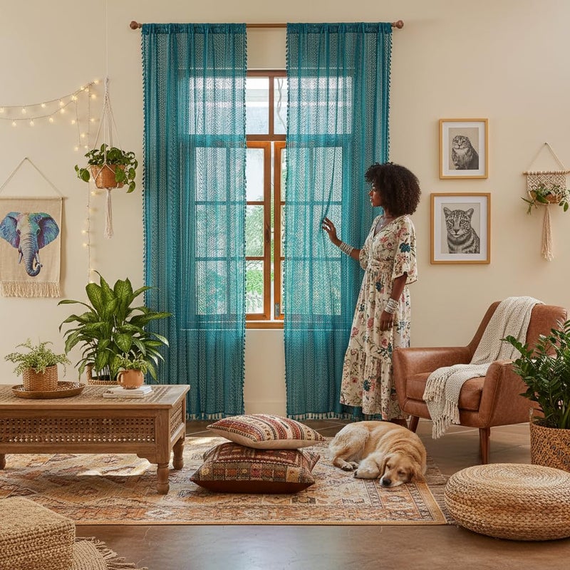 WAZZIO Boho Lace Curtains 72 Inches 2 Panel,Light Filtering Privacy Tassel & Geometry Crochet Semi Sheer Curtain Drapes for Bedroom Living Dining Room,Rod Pocket & Tassel,Coastal Style,Teal - Image 4