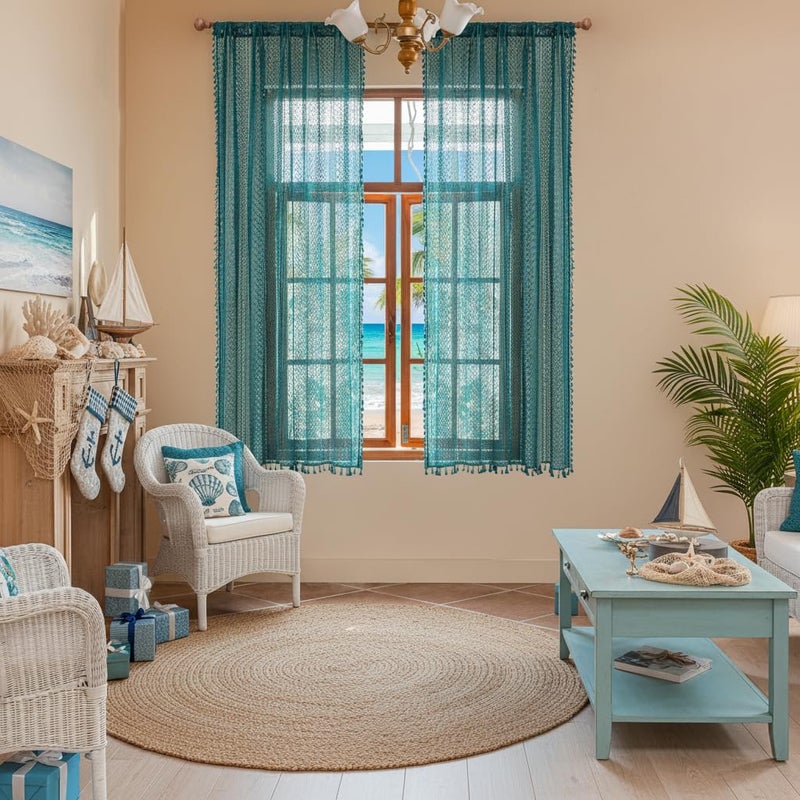 WAZZIO Boho Lace Curtains 72 Inches 2 Panel,Light Filtering Privacy Tassel & Geometry Crochet Semi Sheer Curtain Drapes for Bedroom Living Dining Room,Rod Pocket & Tassel,Coastal Style,Teal - Image 1