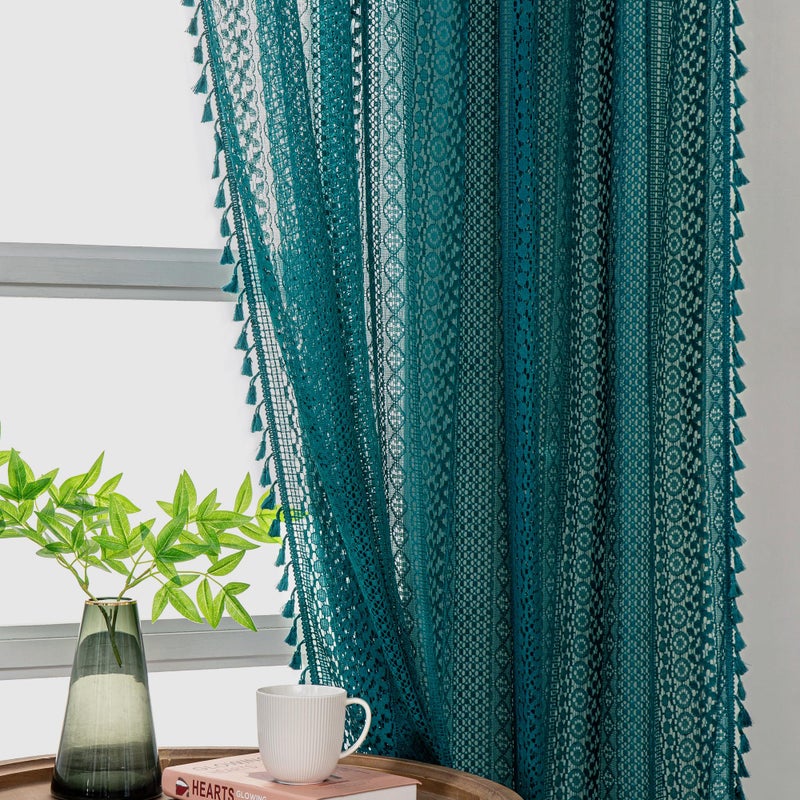 WAZZIO Boho Lace Curtains 72 Inches 2 Panel,Light Filtering Privacy Tassel & Geometry Crochet Semi Sheer Curtain Drapes for Bedroom Living Dining Room,Rod Pocket & Tassel,Coastal Style,Teal - Image 2