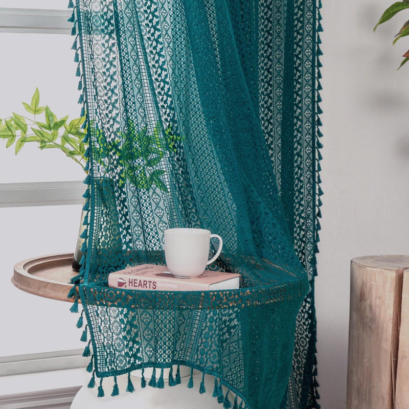 WAZZIO Boho Lace Curtains 72 Inches 2 Panel,Light Filtering Privacy Tassel & Geometry Crochet Semi Sheer Curtain Drapes for Bedroom Living Dining Room,Rod Pocket & Tassel,Coastal Style,Teal - Image 3