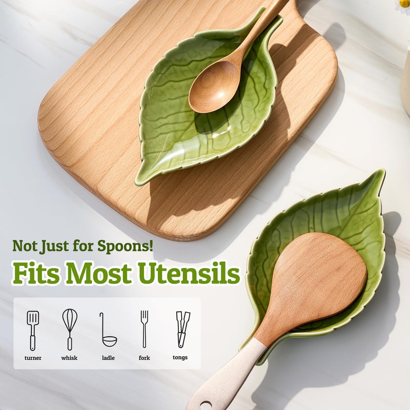 Josmimic Ceramic Leaf Spoon Rest - Cute Green Cooking Spoon Holder for Stove Top & Kitchen Counter, Heat Resistant Spatula & Utensil Rest, Unique Kitchen Decor Gift, 1 Pack - Image 4