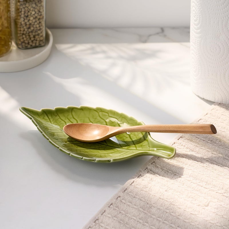 Josmimic Ceramic Leaf Spoon Rest - Cute Green Cooking Spoon Holder for Stove Top & Kitchen Counter, Heat Resistant Spatula & Utensil Rest, Unique Kitchen Decor Gift, 1 Pack - Image 2