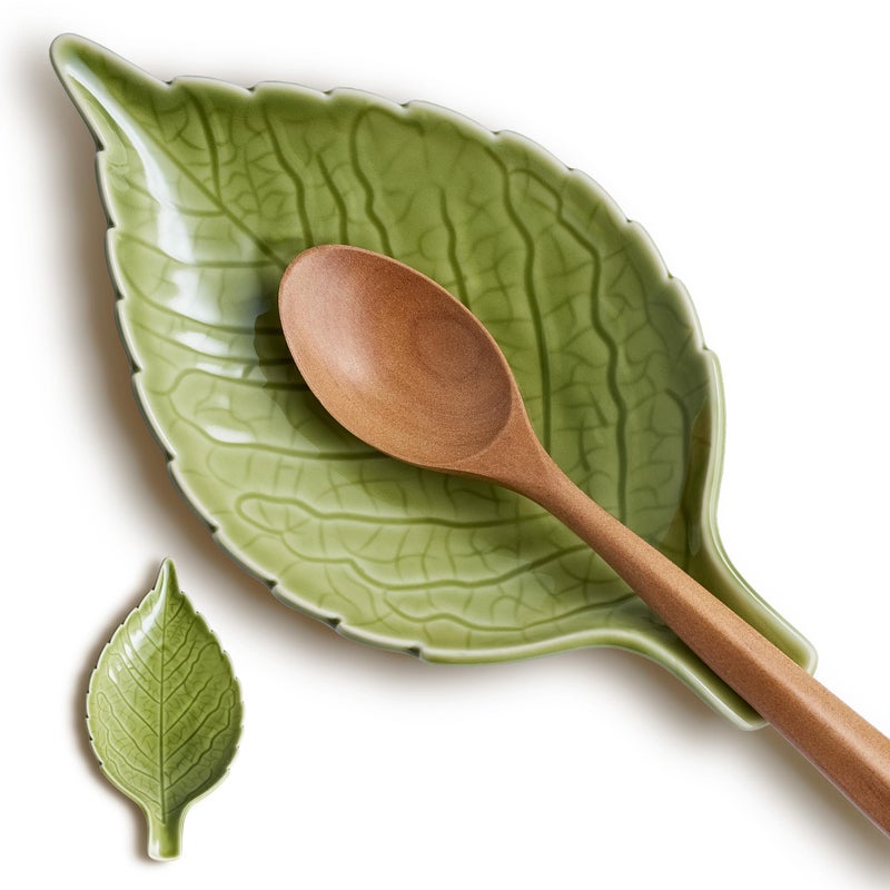 Josmimic Ceramic Leaf Spoon Rest - Cute Green Cooking Spoon Holder for Stove Top & Kitchen Counter, Heat Resistant Spatula & Utensil Rest, Unique Kitchen Decor Gift, 1 Pack - Image 1