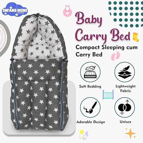 Infans Mini Baby Bed, Sleeping Bag & Carry Nest Cotton|3 in 1 Convertible Portable Bassinet-Nest|Unisex New Born Sleeping Bed for 0-6 Months (Star Grey) - Image 2
