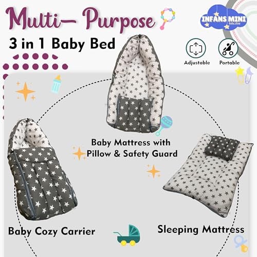 Infans Mini Baby Bed, Sleeping Bag & Carry Nest Cotton|3 in 1 Convertible Portable Bassinet-Nest|Unisex New Born Sleeping Bed for 0-6 Months (Star Grey) - Image 4