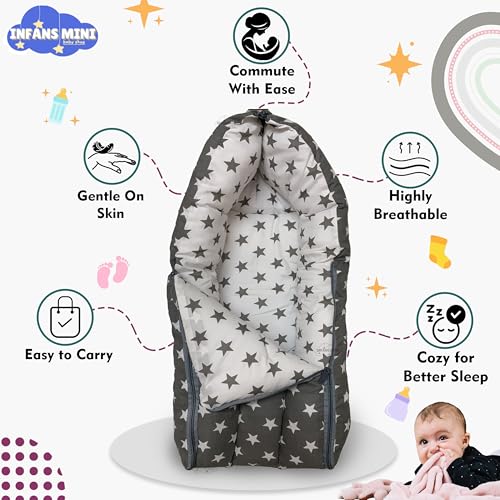 Infans Mini Baby Bed, Sleeping Bag & Carry Nest Cotton|3 in 1 Convertible Portable Bassinet-Nest|Unisex New Born Sleeping Bed for 0-6 Months (Star Grey) - Image 5