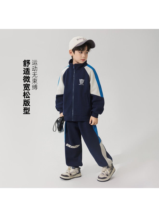 Bumblebee Boys' Spring/autumn Stand Collar Sweatshirt Set, Kids' Zip-up Hoodie Two-piece Outfit For Big Boys - Image 2