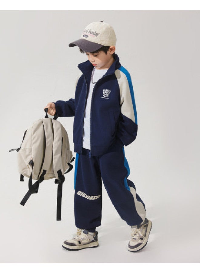 Bumblebee Boys' Spring/autumn Stand Collar Sweatshirt Set, Kids' Zip-up Hoodie Two-piece Outfit For Big Boys - Image 1