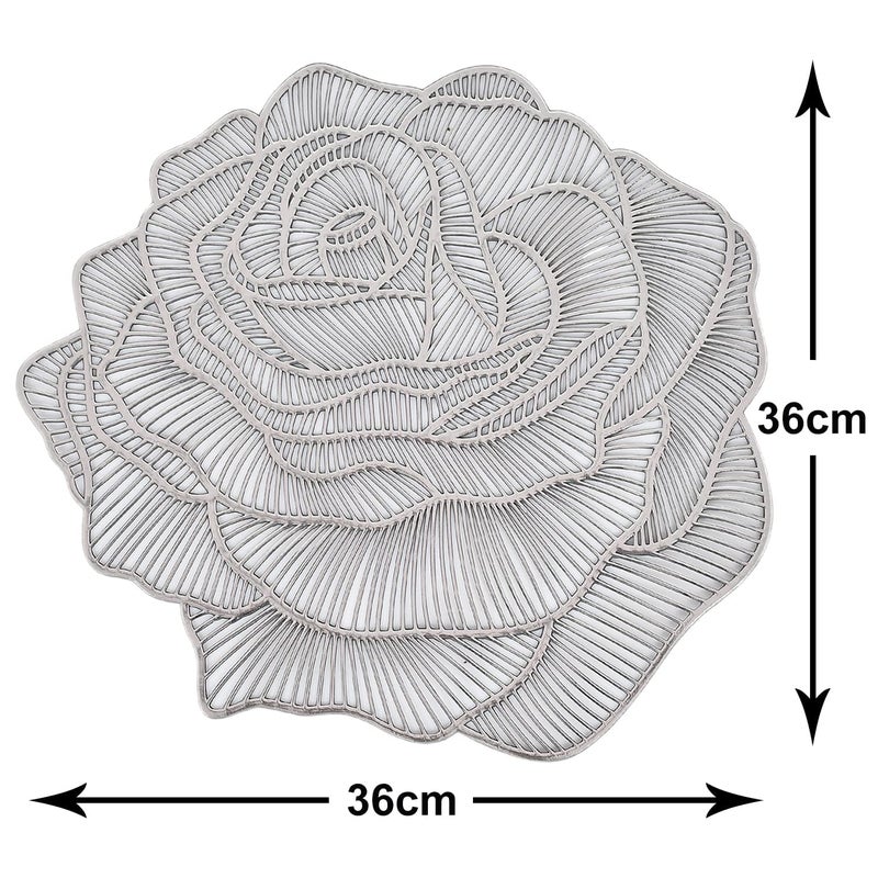Dakshya Industries Dakshya Industries PVC Pack of 4 Rose Flower Design Placemats Cutwork Design for Kitchen Restaurant Dressing Table Mats and Dining Table Mats Silver - Image 2