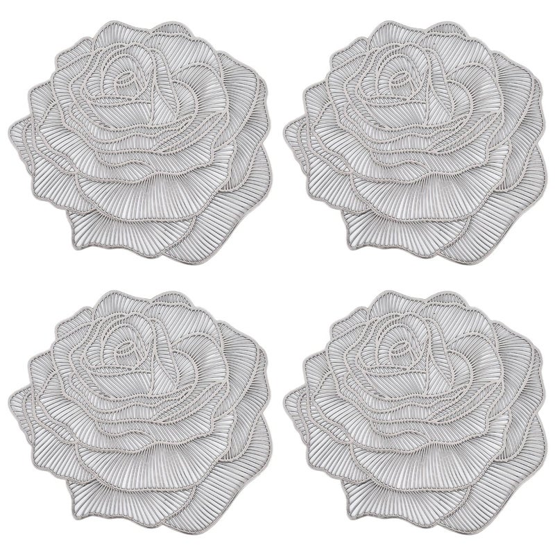 Dakshya Industries Dakshya Industries PVC Pack of 4 Rose Flower Design Placemats Cutwork Design for Kitchen Restaurant Dressing Table Mats and Dining Table Mats Silver - Image 1