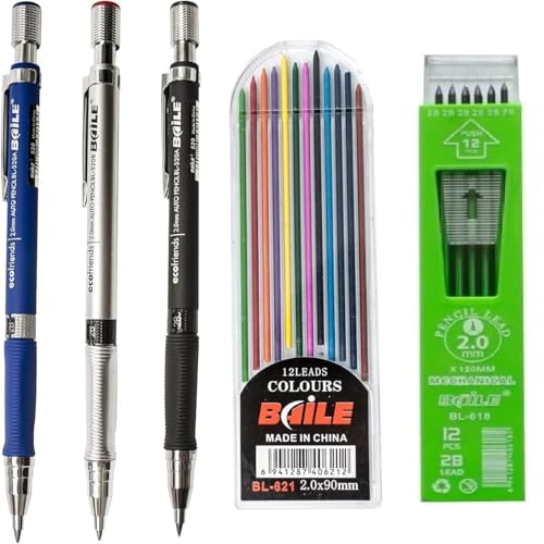 worison 3pc Multicolored 2B Mechanical Pencil Set with 2.0mm Tip – Includes 12 Black and 12 Multicolor Leads in Portable Storage Case for Writing, Drawing, Coloring, and Creative Work - Image 1