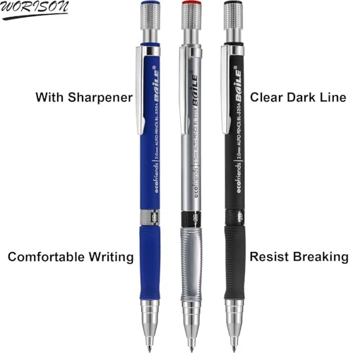 worison 3pc Multicolored 2B Mechanical Pencil Set with 2.0mm Tip – Includes 12 Black and 12 Multicolor Leads in Portable Storage Case for Writing, Drawing, Coloring, and Creative Work - Image 5