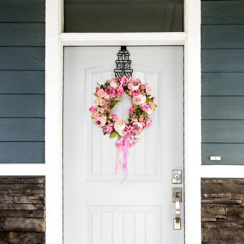Lvydec Artificial Peony Flower Wreath - 15" Pink Flower Door Wreath Spring with Green Leaves for Front Door, Wedding, Wall, Home Decor - Image 5