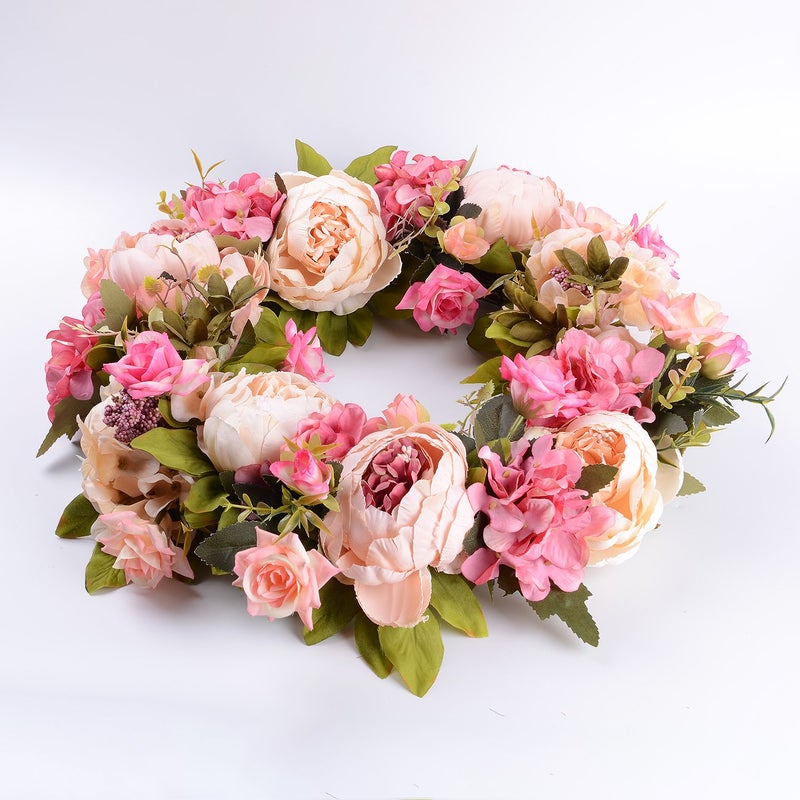 Lvydec Artificial Peony Flower Wreath - 15" Pink Flower Door Wreath Spring with Green Leaves for Front Door, Wedding, Wall, Home Decor - Image 2