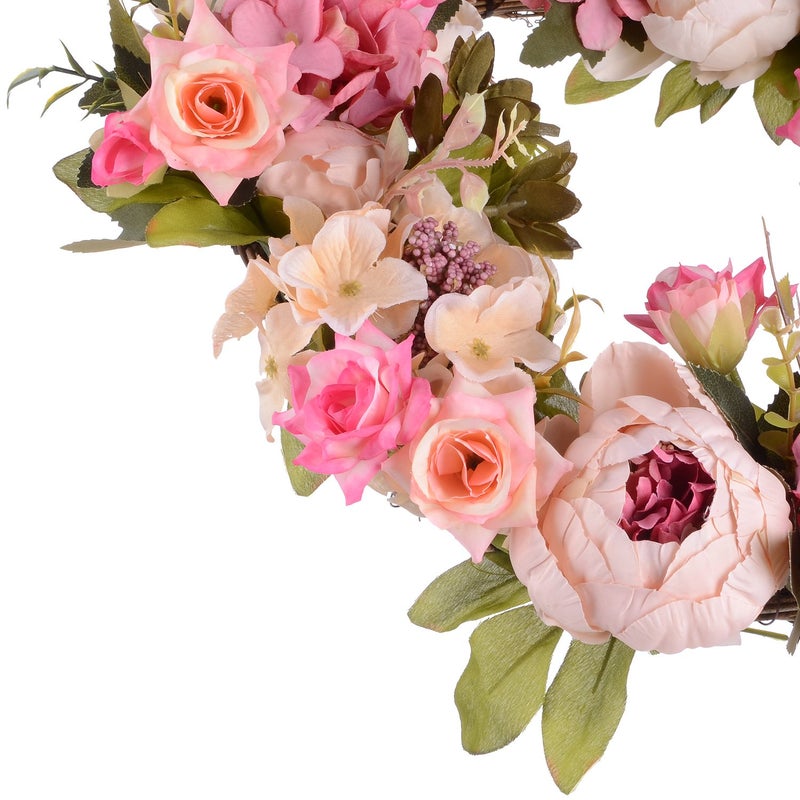 Lvydec Artificial Peony Flower Wreath - 15" Pink Flower Door Wreath Spring with Green Leaves for Front Door, Wedding, Wall, Home Decor - Image 3